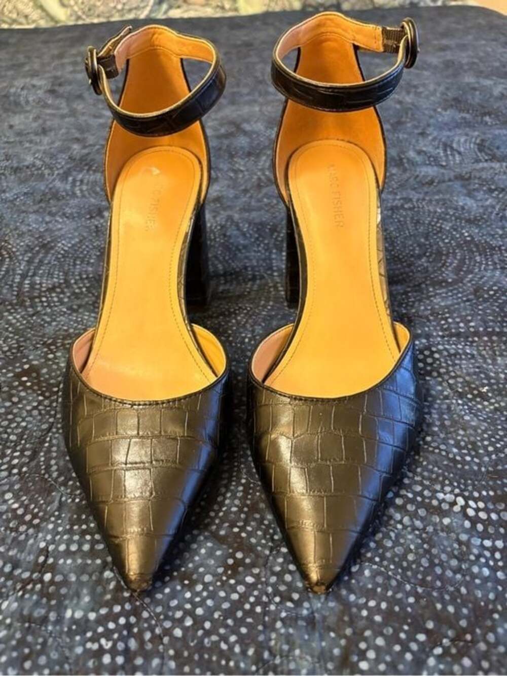 Marc Fisher Black Croc-Embossed Pointed Toe Sling Back Ankle Strap Heels